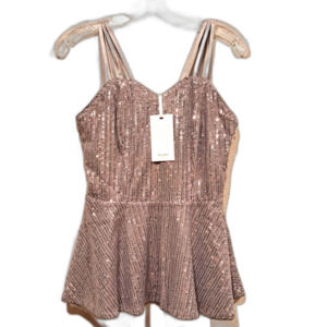 Grace Karin Women gray silver sequin spaghetti strappy top shiny peplum sz S NWT